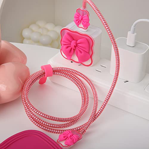 QLD COVER Compatible with iPhone 18W/20W USB-C Charger Cover Cute 3D Bow Tie Design Clear Soft Charger Protector Kawaii Cable Saver for iPhone 11 12 13 14 Pro Max Fast Power Adapter, Rose 2 (5in1) - Image 3