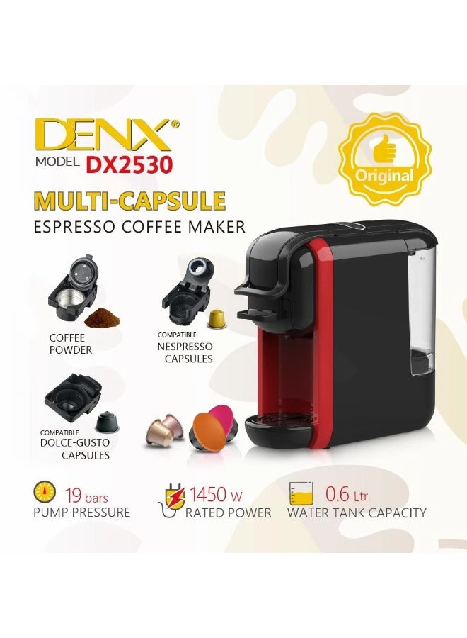 DENX Multi-Capsule Espresso Coffee Maker DX2530 – 1450W 19-Bar High Pressure Pump, 0.6L Water Tank, Compatible with Nespresso & Dolce Gusto Capsules and Coffee Powder – Red/Black - Image 3