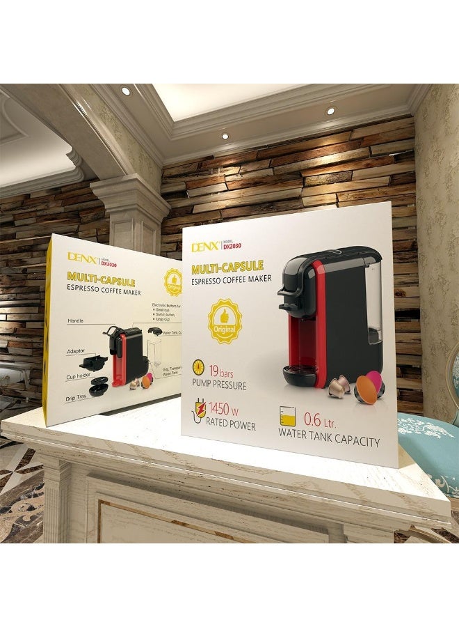 DENX Multi-Capsule Espresso Coffee Maker DX2530 – 1450W 19-Bar High Pressure Pump, 0.6L Water Tank, Compatible with Nespresso & Dolce Gusto Capsules and Coffee Powder – Red/Black - Image 2