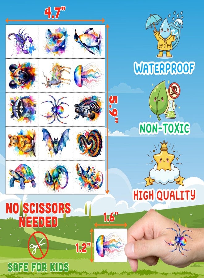 Backtopeia Watercolor Wildlife Jungle Animal Temporary Tattoos | Colorful Wildlife Animal Birthday Party Decorations Party Favors Supplies Accessories Stickers Gift Idea Kids Teen Boy Girl Adult 60Pcs Pre-cut - Image 4