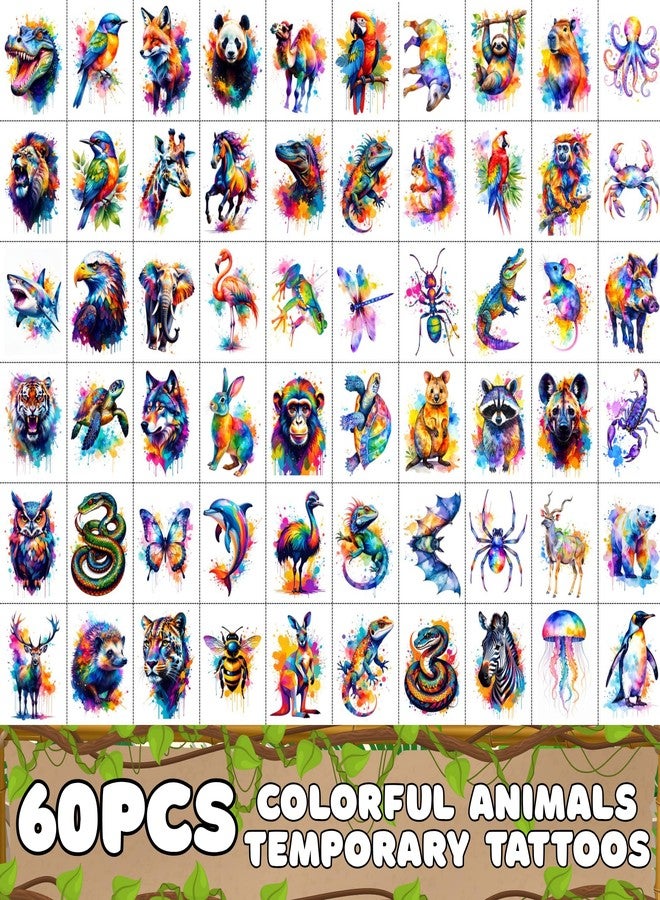 Backtopeia Watercolor Wildlife Jungle Animal Temporary Tattoos | Colorful Wildlife Animal Birthday Party Decorations Party Favors Supplies Accessories Stickers Gift Idea Kids Teen Boy Girl Adult 60Pcs Pre-cut - Image 2