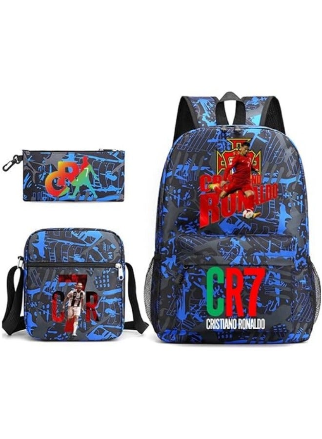3PCS Backpack Set,CR7 Football Backpack,Large Capacity Casual Backpack with Lunch Bag and Pencil case for Boys Girls