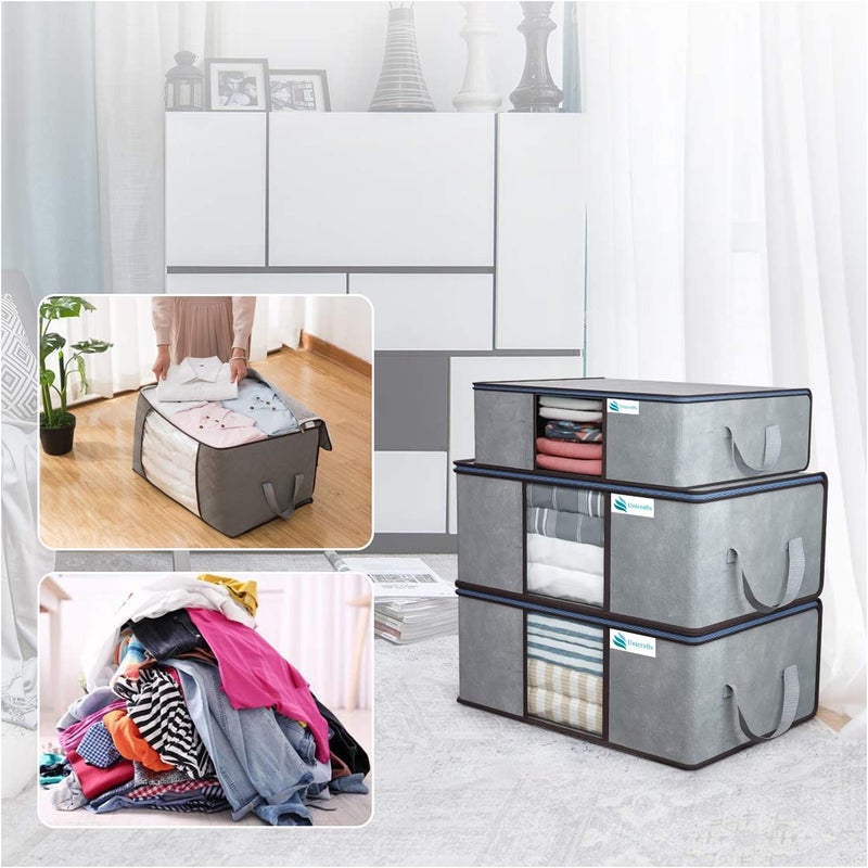 UNICRAFTS Underbed Storage Bag Foldable Blanket cover Clothing Storage Bag for Clothes Comforter with a Large Transparent Window and Side Handles Combo Pack of 3 Pieces Grey 2 Large 1 Medium - Image 2