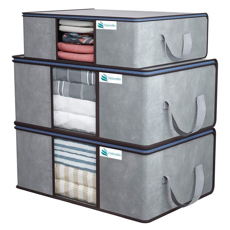 UNICRAFTS Underbed Storage Bag Foldable Blanket cover Clothing Storage Bag for Clothes Comforter with a Large Transparent Window and Side Handles Combo Pack of 3 Pieces Grey 2 Large 1 Medium - Image 1