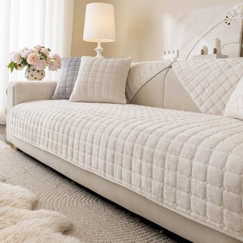 Aucrovee Velvet Washable Couch Cover for Pets Dogs, Non Slip Sectional Sofa Covers for 3 Cushion Couch Sofa L Sharped Sofa Arm Slipcover, Furniture Protector Covers(1 PCS 36"x36" White) - Image 1