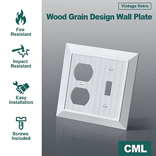 CML Hardware (2 Pack) CML Classic Beadboard Duplex/Toggle Combination Switch Wall Plate, Vintage Outlet Covers, Retro Wood Grain Design Switch Plates, Impact Resistant, Standard Size 4.95”X 4.87”, White - Image 2