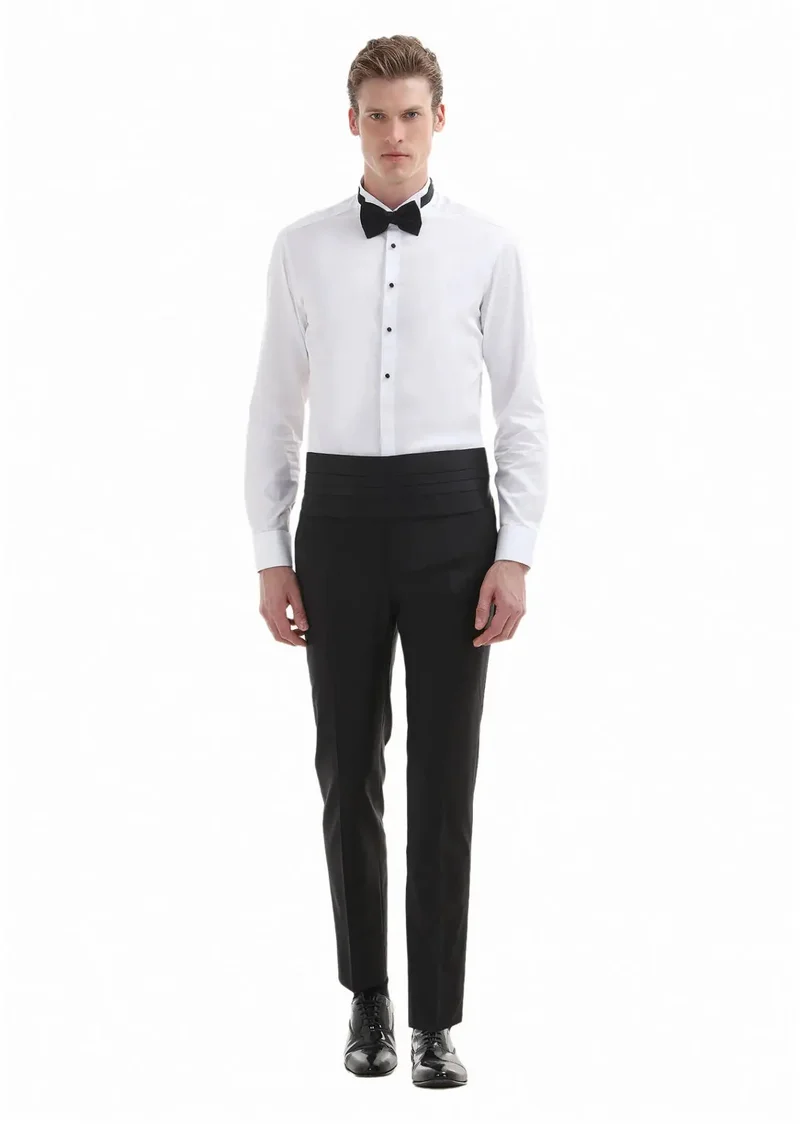 RAMSEY White Plain Slim Fit Double Cuff Wing Collar Tuxedo Shirts