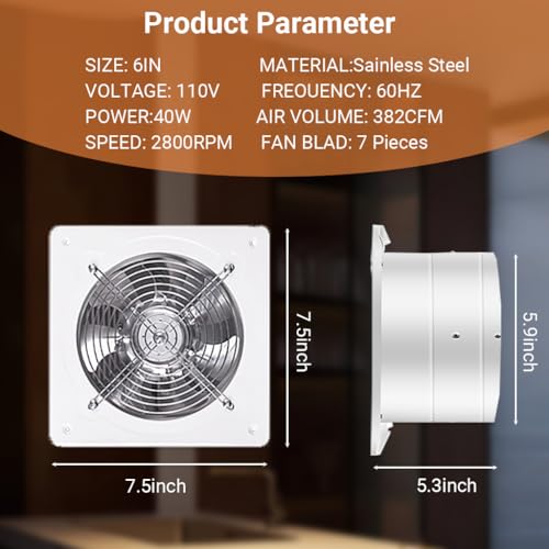 RLOZUI 6 inch Exhaust Fan, 382CFM Wall Mounted Vent Fans, Ventilation Blower for Ceiling Bathroom Attic Window Basement Ventilation Fan, 110V 40W - Image 3