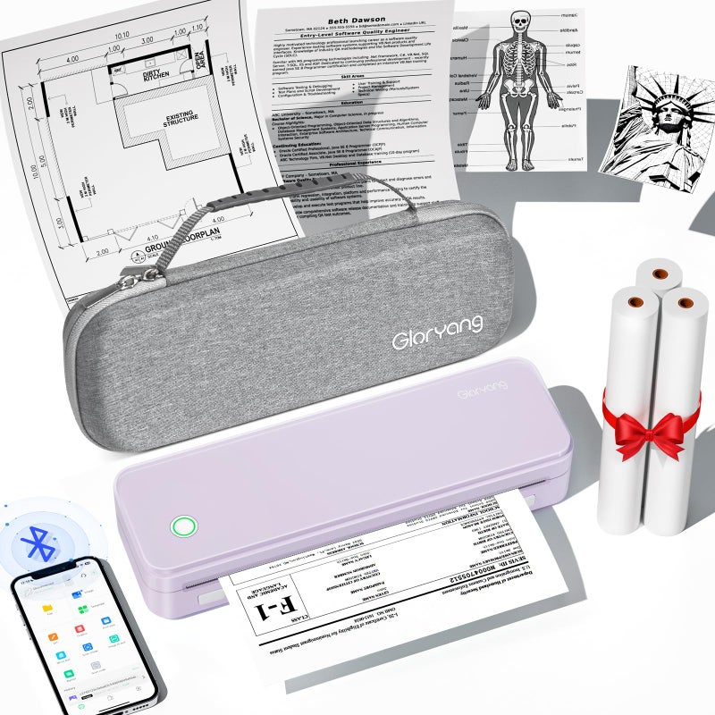Gloryang Inkless Portable Printer for Travel Wireless Thermal Printer Supports 85 x 11 Inch US Letter Size Bluetooth Machine Includes Carry Case and 3 Rolls of Thermal Paper Kit Purple - Image 2