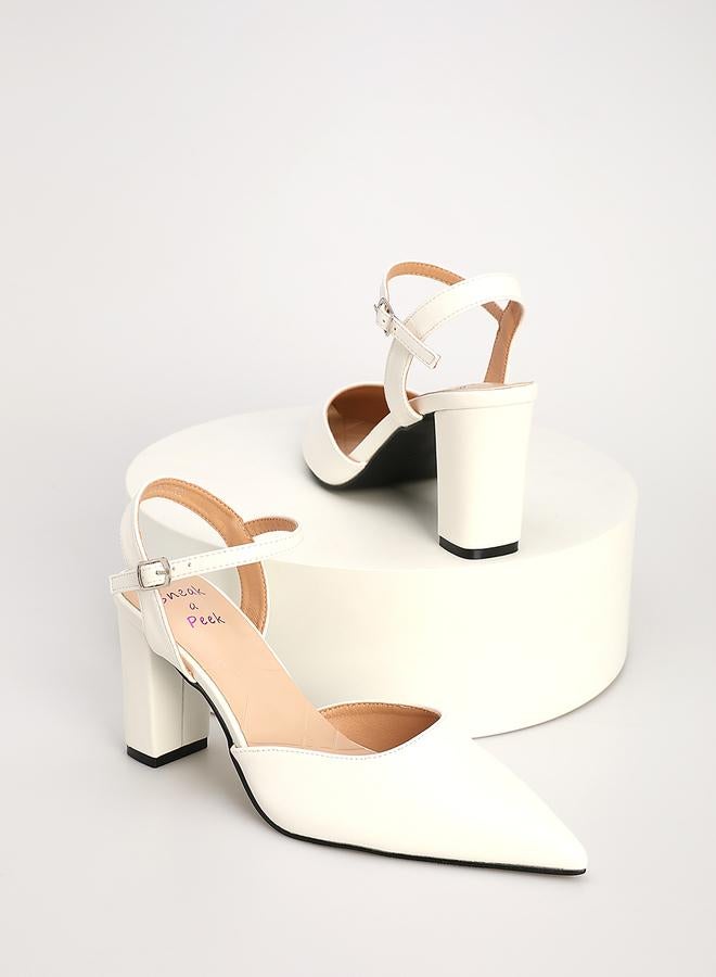 Sneak-a-Peek White Block Heel Pointed Toe Pumps - Image 5