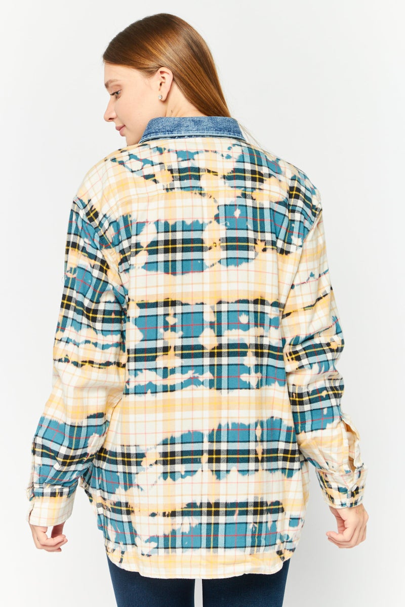 DIESEL Women Spread Collar Long Sleeves Plaid Casual Shirt, Blue  - Image 4