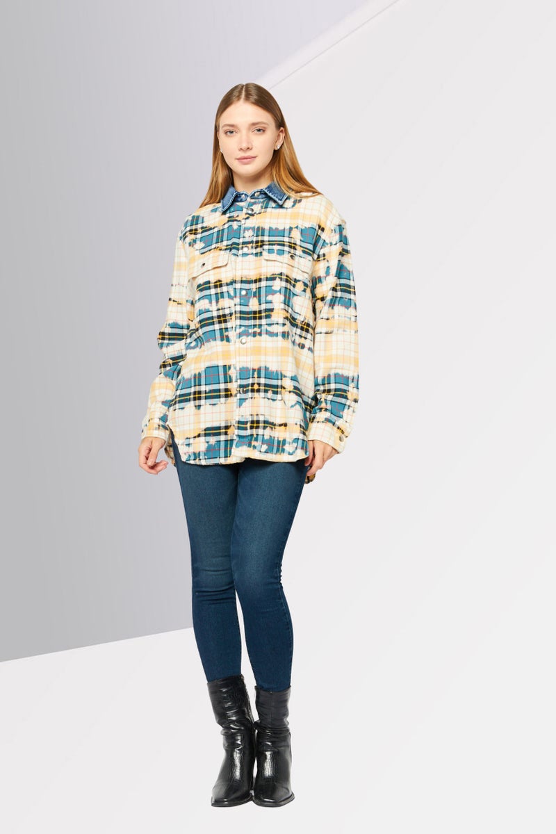 DIESEL Women Spread Collar Long Sleeves Plaid Casual Shirt, Blue  - Image 2