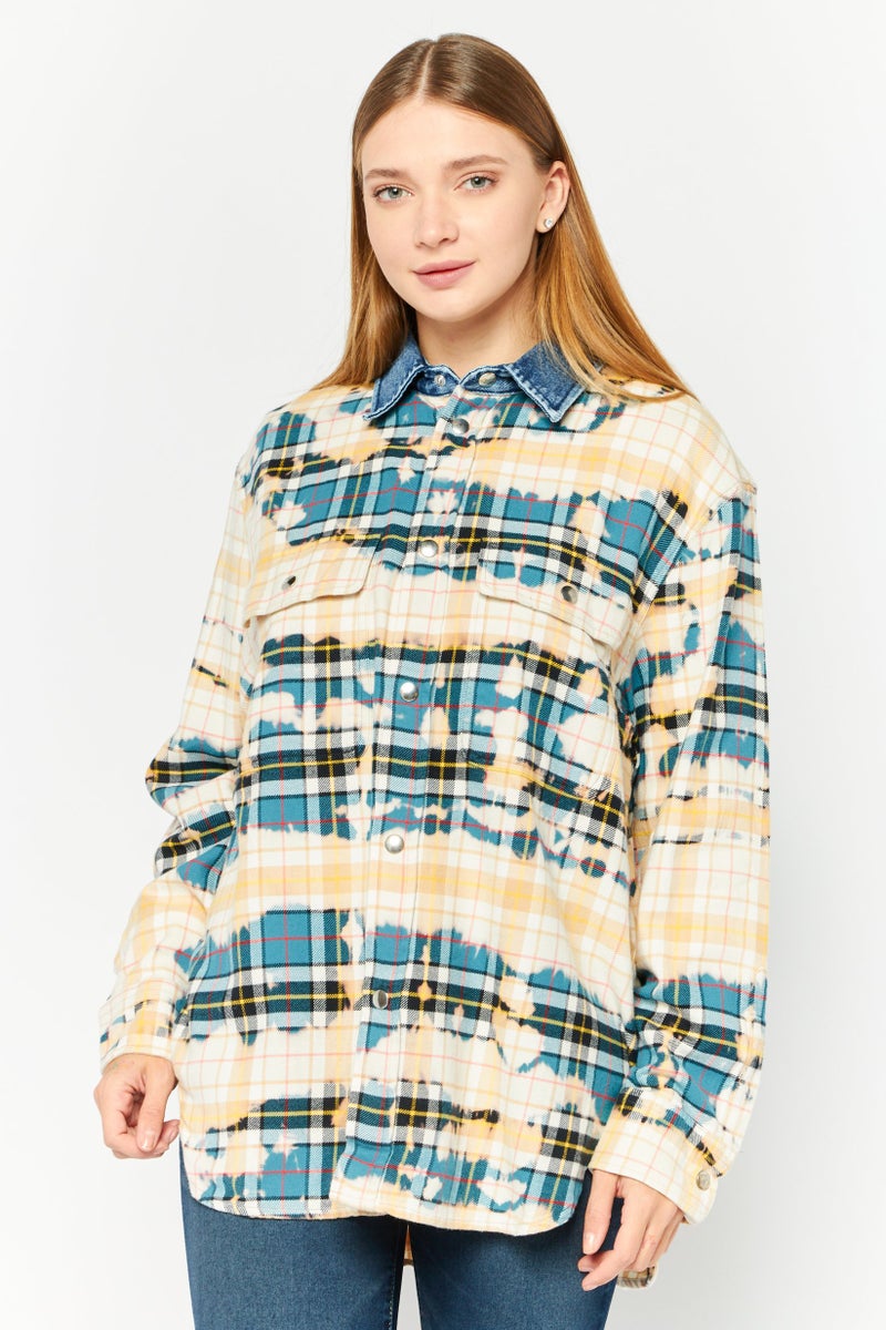 DIESEL Women Spread Collar Long Sleeves Plaid Casual Shirt, Blue  - Image 1