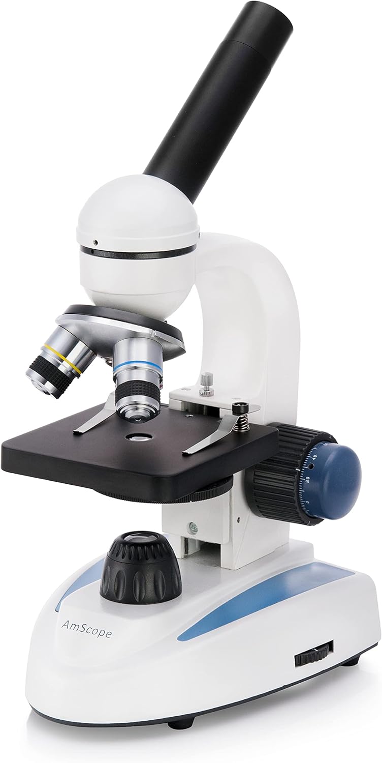 AmScope M149C Compound Monocular Microscope WF10x and WF25x Eyepieces 40x1000x Magnification LED Illumination Brightfield SingleLens Condenser Plain Stage 110V or BatteryPowered HeavyDuty Metal Frame - Image 1