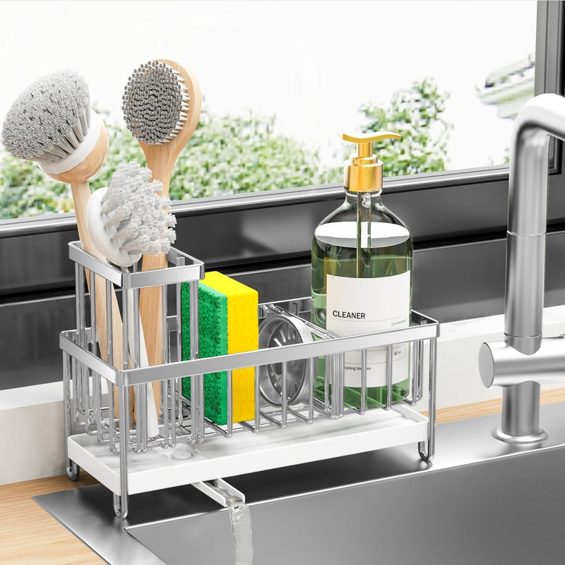 Cisily Silver Sponge Holder for Kitchen Sink, Sink Caddy Organizer with High Brush Holder, Kitchen Countertop Organizers and Storage Essentials, Rustproof 304 Stainless Steel, Soap Dispenser Organize - Image 1