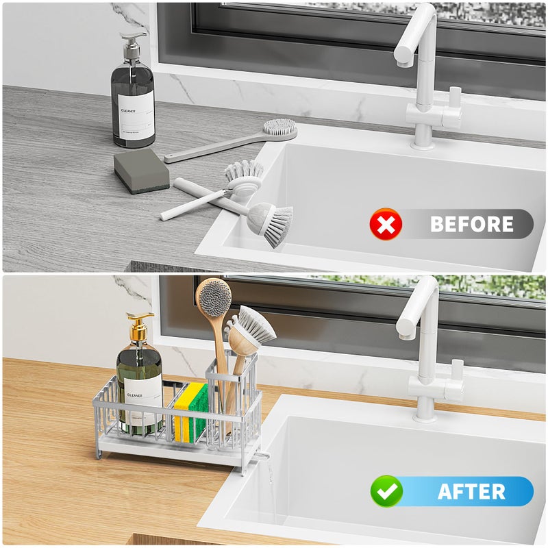 Cisily Silver Sponge Holder for Kitchen Sink, Sink Caddy Organizer with High Brush Holder, Kitchen Countertop Organizers and Storage Essentials, Rustproof 304 Stainless Steel, Soap Dispenser Organize - Image 5