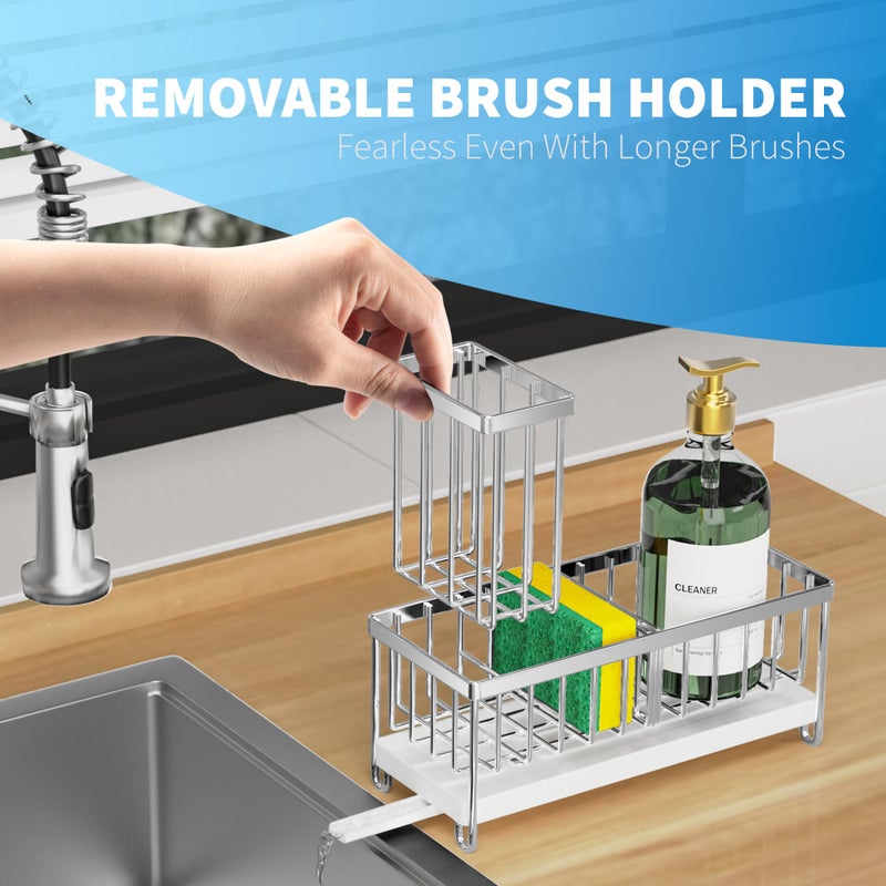 Cisily Silver Sponge Holder for Kitchen Sink, Sink Caddy Organizer with High Brush Holder, Kitchen Countertop Organizers and Storage Essentials, Rustproof 304 Stainless Steel, Soap Dispenser Organize - Image 3