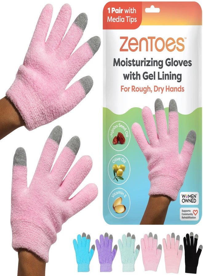 ZenToes Moisturizing Gloves for Dry Hands, Gel Infused with Jojoba Seed Oil, Olive Oil and Vitamin E, Overnight Hand Moisturizer (OSFM, Fuzzy Pink with Media Tips) - Image 1