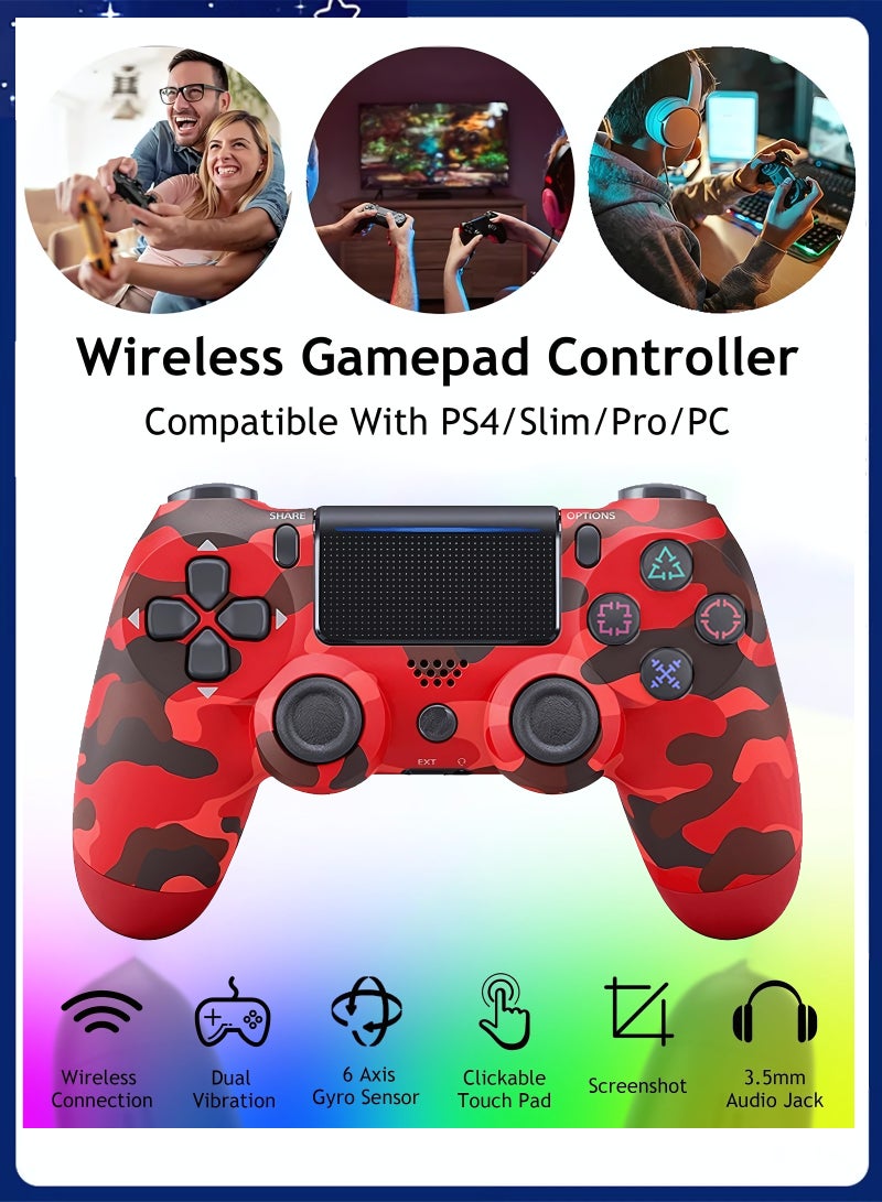 Wireless Controller for Computer Games with Dual Vibration, DualShock Wireless Controller for PS4, Clickable Touchpad and Anti-Slip, Camo Red - Image 1
