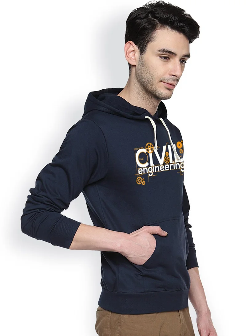 Campus Sutra Men's Navy Blue Civil-Engineering Print Pullover Hoodie