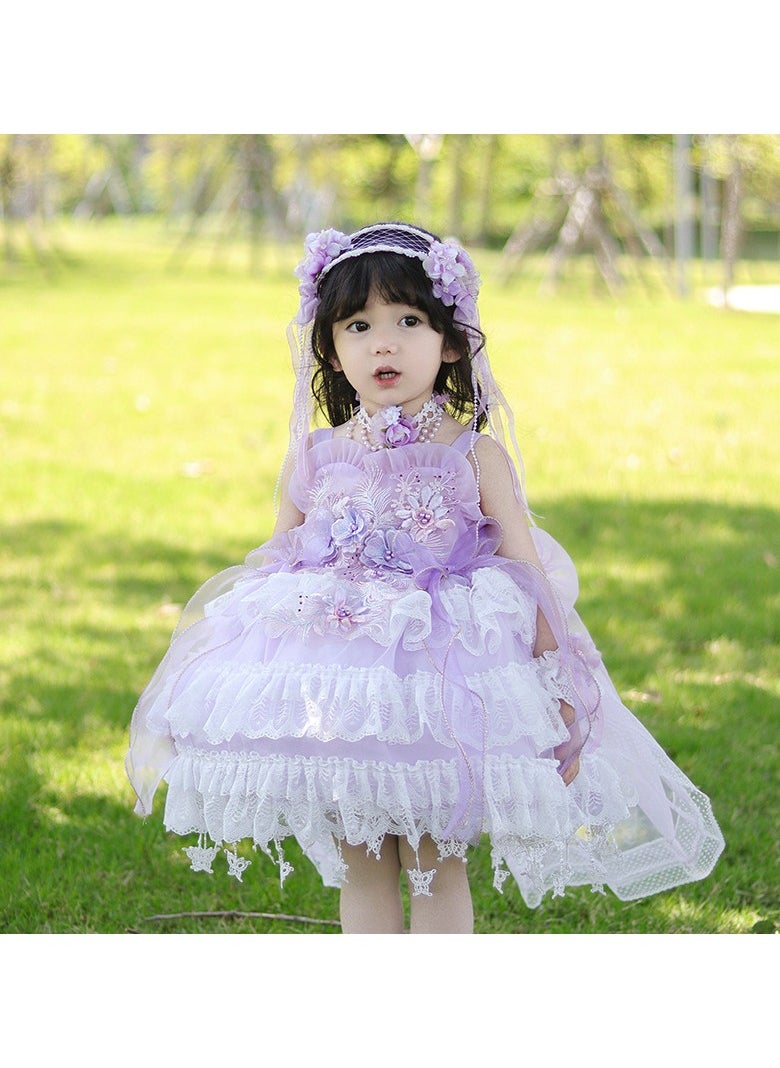 Loquat Girl's Lolita Fluffy Sleeveless Dress Purple/White/Pink  - Image 2
