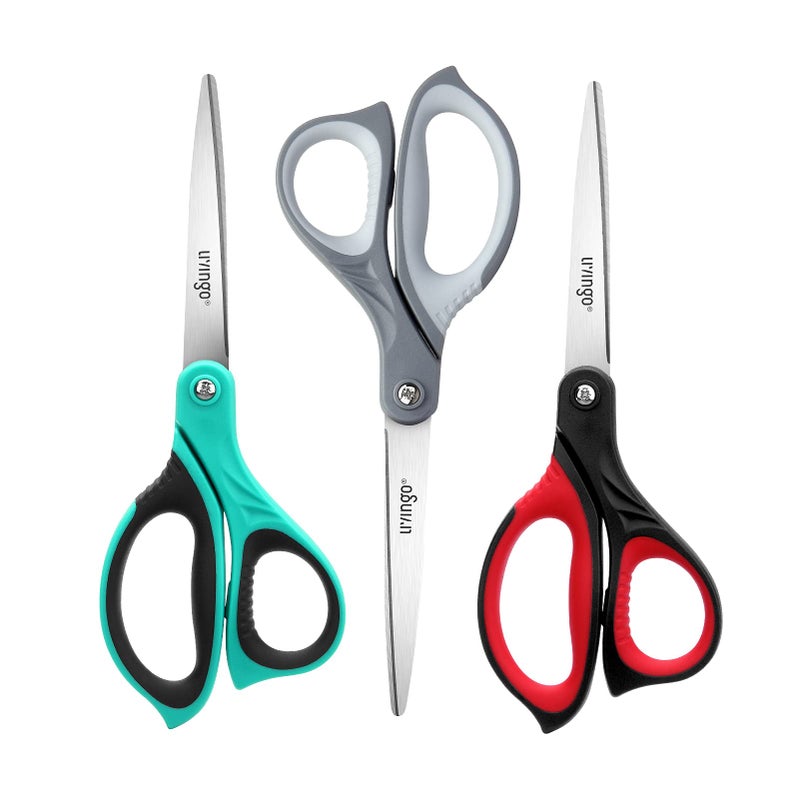 LIVINGO 8.5" Scissors All Purpose, 3 Pack Ultra Sharp Blade Shears, Professional Ergonomic Comfort Grip Scissors for Office School Home Supplies Fabric Sewing DIY Cutting General Use - Image 1