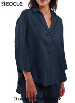 REOCLE Women's 2 Piece Outfit Linen Lapel Long Sleeve Shirt & Wide Leg Pants Sets Spring Autumn Casual Solid Color Loungewear  - Image 2