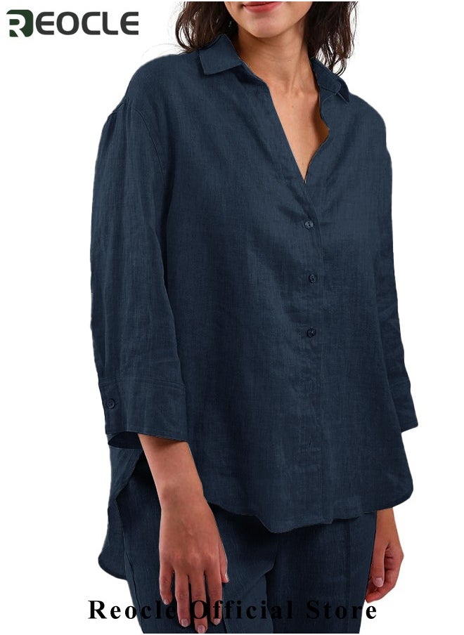 REOCLE Women's 2 Piece Outfit Linen Lapel Long Sleeve Shirt & Wide Leg Pants Sets Spring Autumn Casual Solid Color Loungewear  - Image 2
