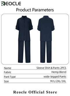 REOCLE Women's 2 Piece Outfit Linen Lapel Long Sleeve Shirt & Wide Leg Pants Sets Spring Autumn Casual Solid Color Loungewear  - Image 5