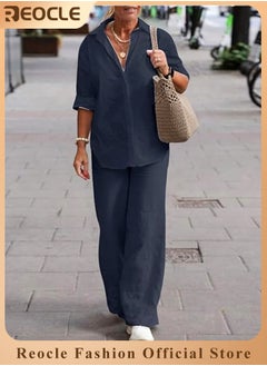 REOCLE Women's 2 Piece Outfit Linen Lapel Long Sleeve Shirt & Wide Leg Pants Sets Spring Autumn Casual Solid Color Loungewear  - Image 1