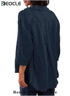 REOCLE Women's 2 Piece Outfit Linen Lapel Long Sleeve Shirt & Wide Leg Pants Sets Spring Autumn Casual Solid Color Loungewear  - Image 3