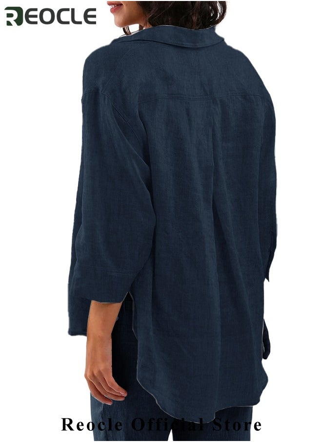 REOCLE Women's 2 Piece Outfit Linen Lapel Long Sleeve Shirt & Wide Leg Pants Sets Spring Autumn Casual Solid Color Loungewear  - Image 3