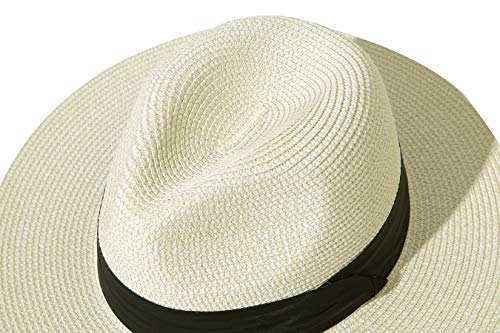 Lanzom Women Wide Brim Straw Panama Roll up Hat Fedora Beach Sun Hat UPF50+ (02-fold Belt Beige) - Image 4