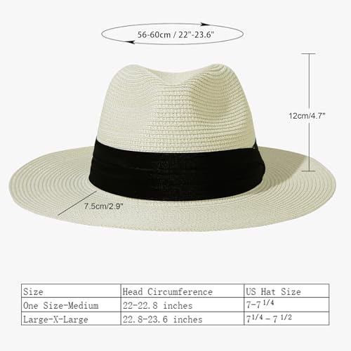 Lanzom Women Wide Brim Straw Panama Roll up Hat Fedora Beach Sun Hat UPF50+ (02-fold Belt Beige) - Image 2
