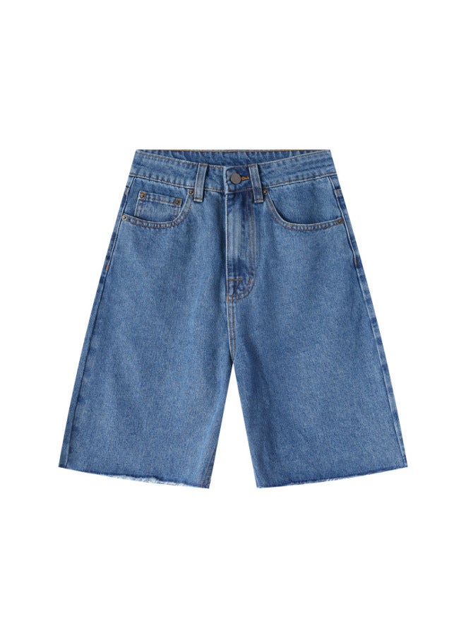 Rough Denim Shorts Women's 2024 Summer Thin Riding Pants Slimming High Waist Retro Half Pants 