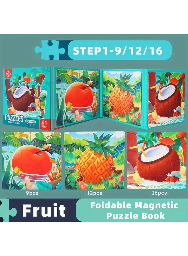 3 In 1 Foldable Magnetic Puzzle Book For Kids Educational STEM Toy Stage 1 Fruits - Image 1