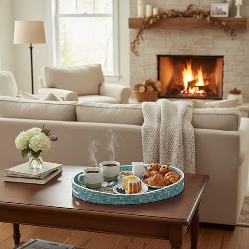 PEMAR 15.7" x 11.8" Oval Capiz Shell Serving Tray, Decorative Ottoman Tray for Living Room, Coffee Table, Breakfast in Bed, Candle Display (Teal Sunlight) - Image 4