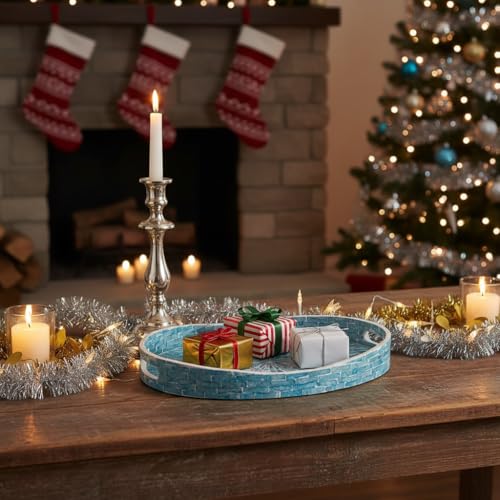 PEMAR 15.7" x 11.8" Oval Capiz Shell Serving Tray, Decorative Ottoman Tray for Living Room, Coffee Table, Breakfast in Bed, Candle Display (Teal Sunlight) - Image 3