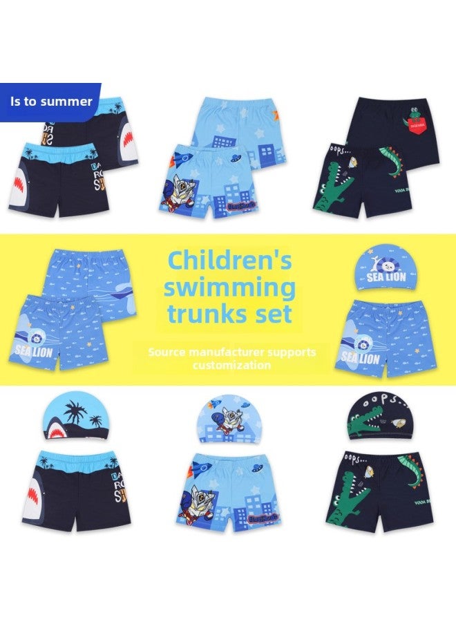 Loquat Children's Swimsuit Baby Cartoon Swimsuit Boy's Swimsuit Medium And Big Children's Hot Spring Swimming Trunks Swimming Cap Baby-Color:Shark Swimming Trunks + Swimming Cap- - Image 2