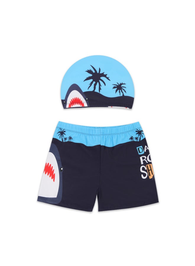 Loquat Children's Swimsuit Baby Cartoon Swimsuit Boy's Swimsuit Medium And Big Children's Hot Spring Swimming Trunks Swimming Cap Baby-Color:Shark Swimming Trunks + Swimming Cap- - Image 1