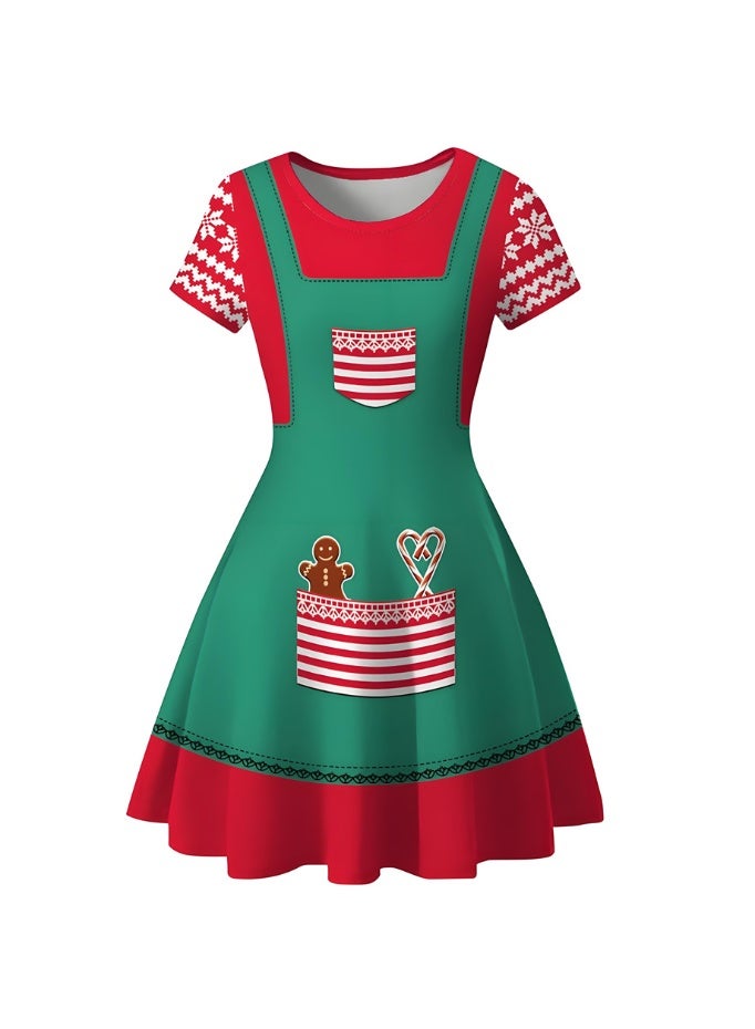 إسكدنيا النساء قصيرة الأكمام مطبوعة زي فستان عناصر عيد الميلاد فستان - Image 3