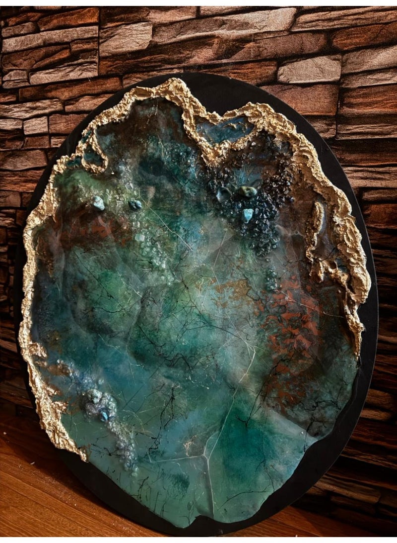 Turquoise Stone Texture Art – Handcrafted Wall Painting with few Real Turquoise Stones on Canvas - Image 1