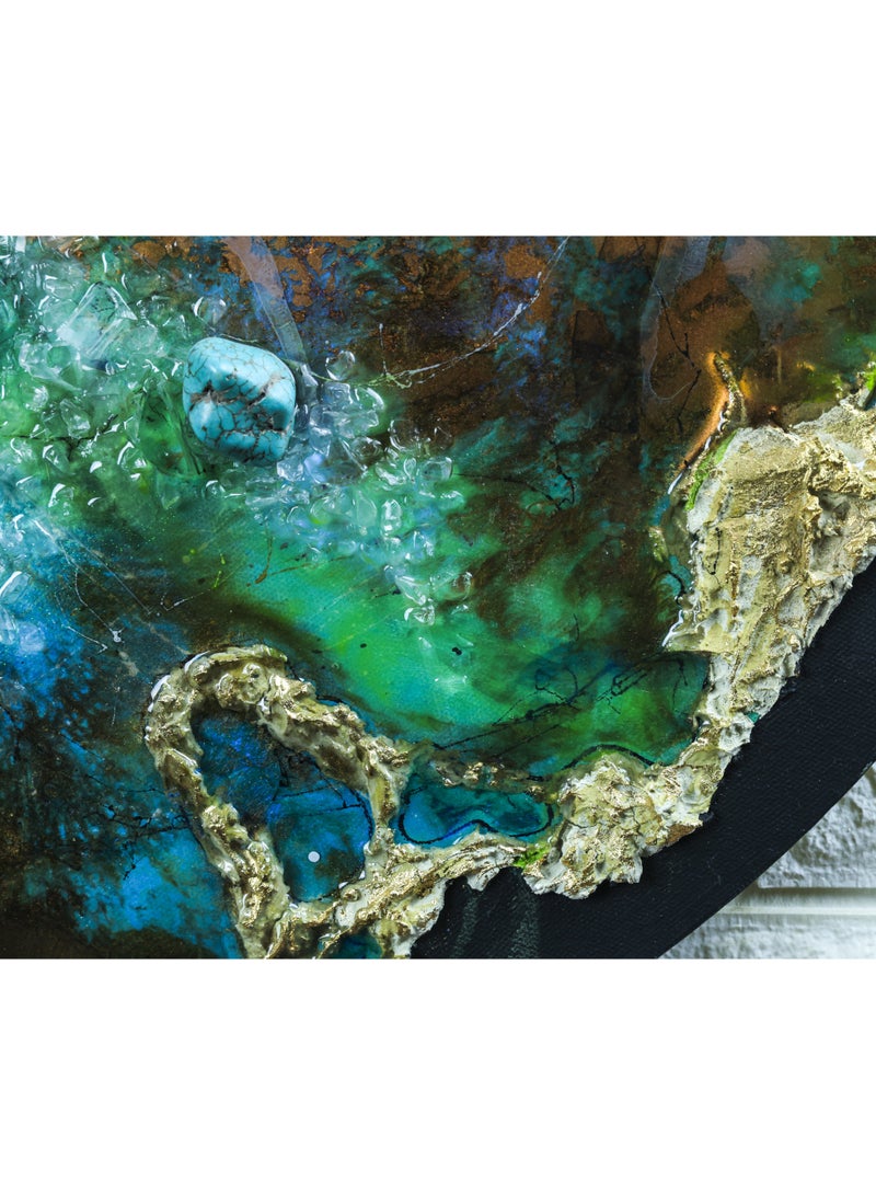 Turquoise Stone Texture Art – Handcrafted Wall Painting with few Real Turquoise Stones on Canvas - Image 3