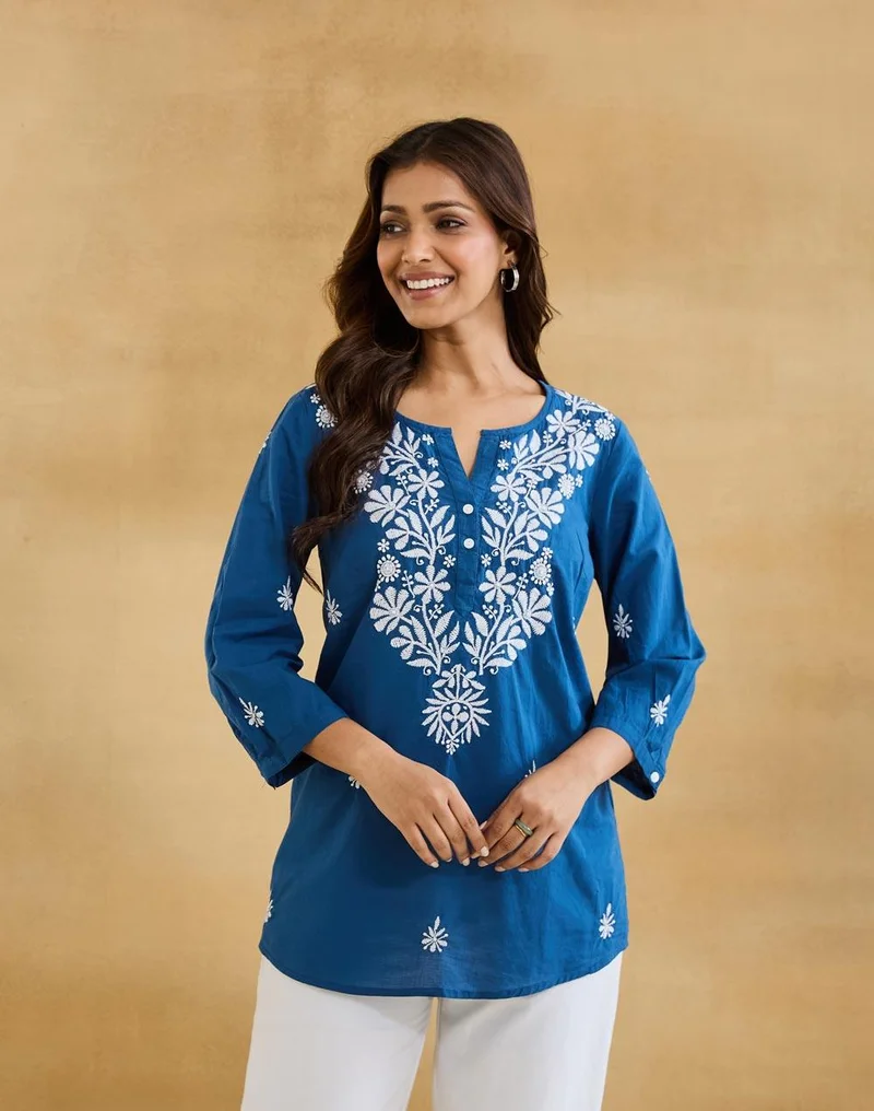 فاب انديا Blue Cotton Chikankari Tunic