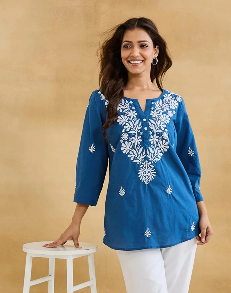 فاب انديا Blue Cotton Chikankari Tunic