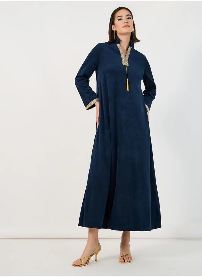 Styli Velvet Look Jalabiya with Lace Trim