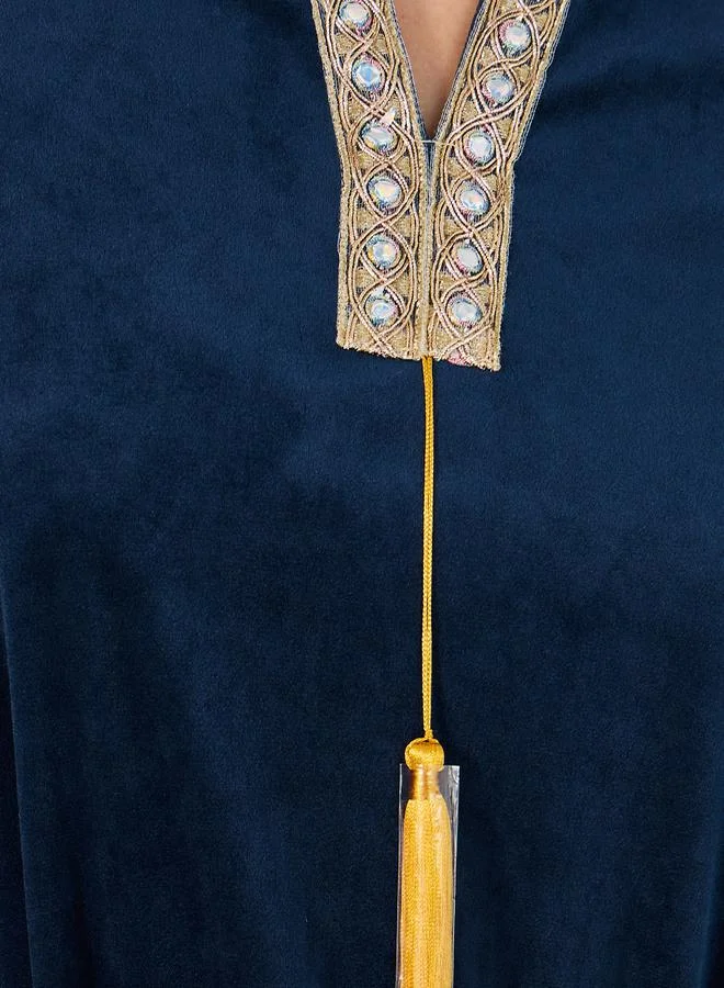 Styli Velvet Look Jalabiya with Lace Trim
