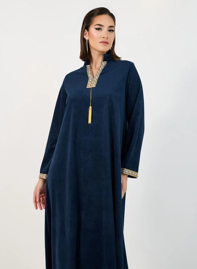 Styli Velvet Look Jalabiya with Lace Trim