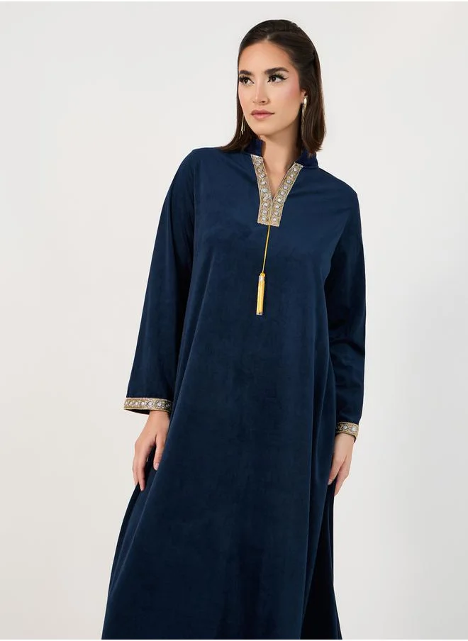Styli Velvet Look Jalabiya with Lace Trim
