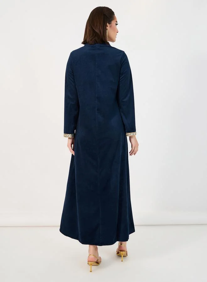 Styli Velvet Look Jalabiya with Lace Trim